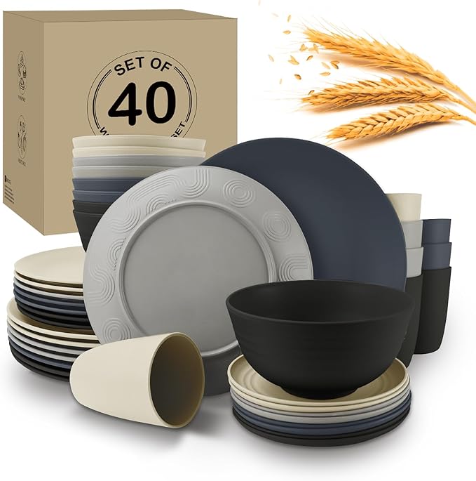 Wrova 40Pack plates and bowls sets for dinner - Unbreakable wheat straw dinnerware sets service for 8 - Alternative plastic 40pcs dish sets for camping,picnic and R.V. - (Black & Grey)
