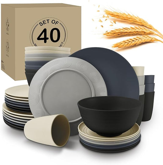 Wrova 40Pack plates and bowls sets for dinner - Unbreakable wheat straw dinnerware sets service for 8 - Alternative plastic 40pcs dish sets for camping,picnic and R.V. - (Black & Grey)
