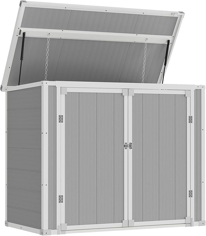 Amopatio 41 Cu Ft Horizontal Outdoor Storage Shed, Resin Trash Can Storage Weather Resistance, Garbage Can Shed for Garden Tools, Lawn Mowers, Garbage Cans, Patio Use, Grey