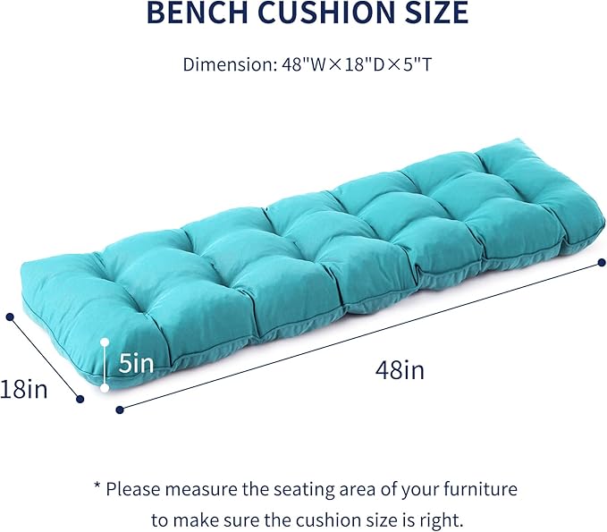 Outdoor Bench Cushion, 48x18x5 Inch, Waterproof Bench Cushion for Outdoor/Indoor Furniture, Tufted Patio Bench Seat Cushion, Fade Resistant Outdoor Cushions for Porch Swing Couch, Teal Blue