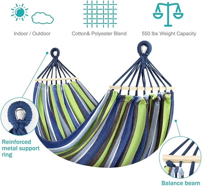 MOSFiATA Hammocks Portable Camping Hammock Upgraded 550lb Comfortable Fabric Hammock with Two Anti Roll Balance Beam and Sturdy Tree Straps for Camping, Patio, Backyard, Outdoor （Light Green）