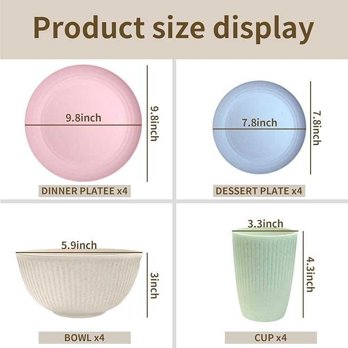 Wheat Straw Dishes Set for 8, Dinnerware Sets 32 piece, Unbreakable Plates, Bowls, Cups Sets for Kitchen Parties Camping RV - Multi-color