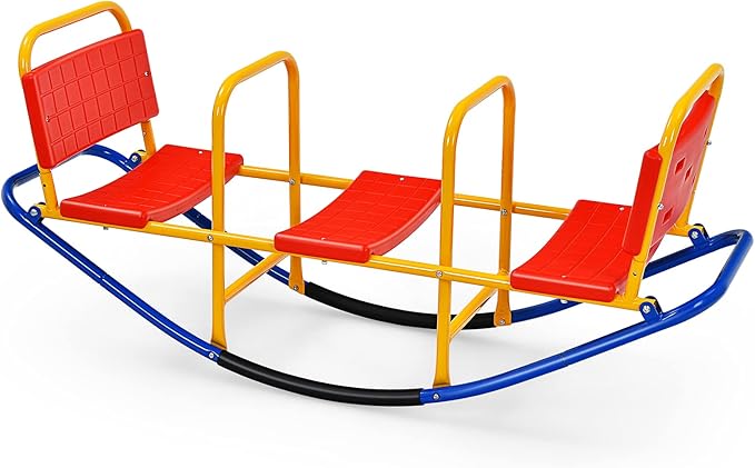 Costzon Teeter Totter Seesaw for Kids Outdoor, 2 in 1 Metal Rocking Seesaw for Toddlers with Easy-Grip Handles, Indoor Outdoor Rocker Toy Gifts for Ages 3-8, 1-3 Person Home Preschool Backyard See Saw