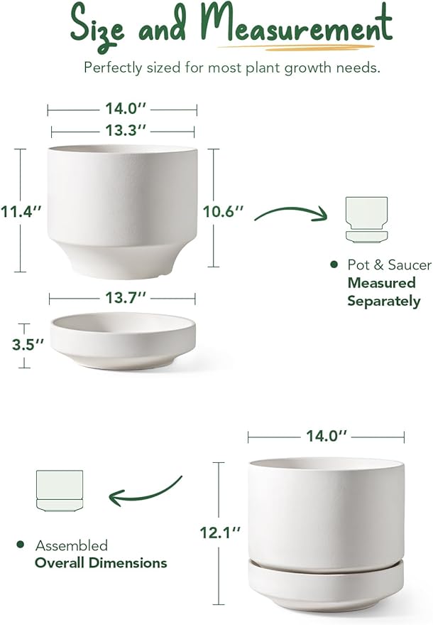 LE TAUCI 12 Inch Pots for Plants with Saucer | Ceramic Outdoor & Indoor Planter Pot for Plants | Drainage Hole, Mesh Pad & Plug | Unglazed Porous | Modern for Home, Office and Patio – Chalk White