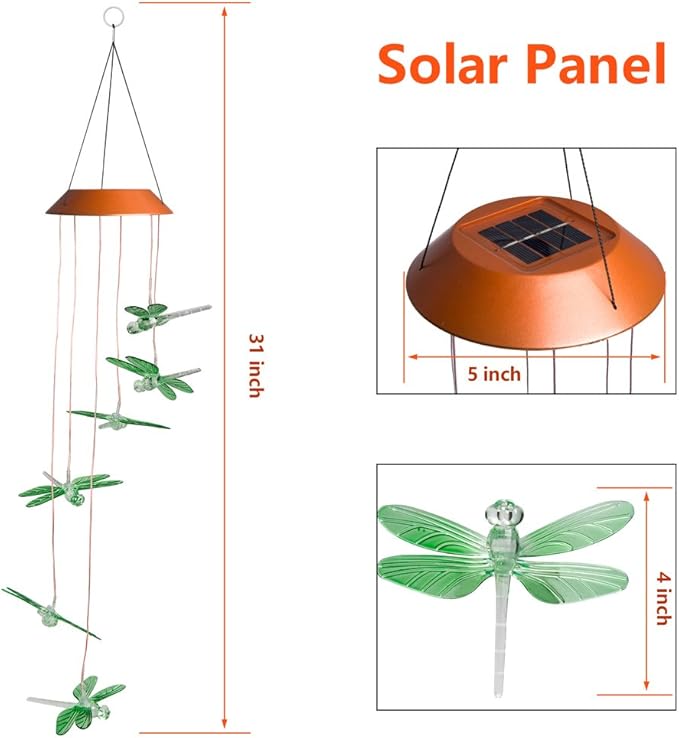 LED Solar Dragonfly Wind Chimes Outdoor - Waterproof Solar Powered LED Changing Light Color Six Dragonflies Mobile Romantic Wind-Bell for Home, Party, Festival Decor, Night Garden Decoration