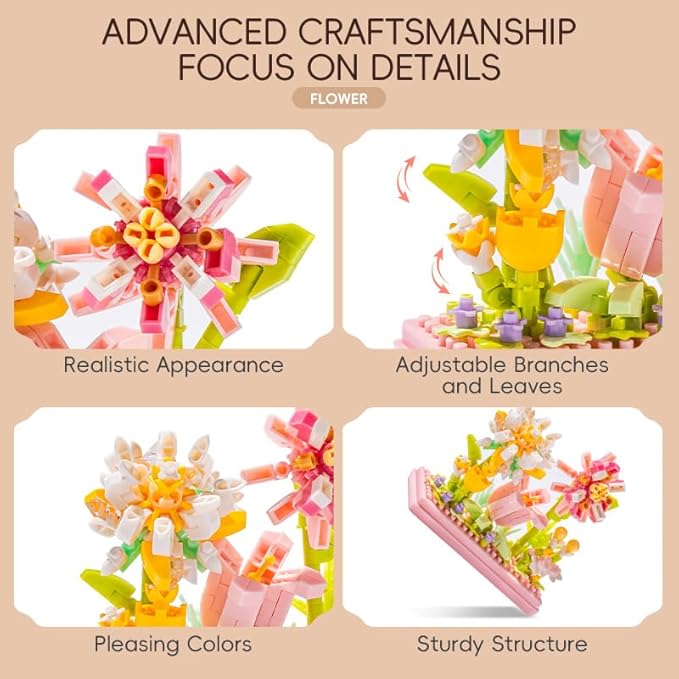 Flower Shadow DIY Flower Plant Building Blocks Toy - Creative Botanical Collection for Kids and Adults Home and Collection Art Home Office Decor with Dust Cover