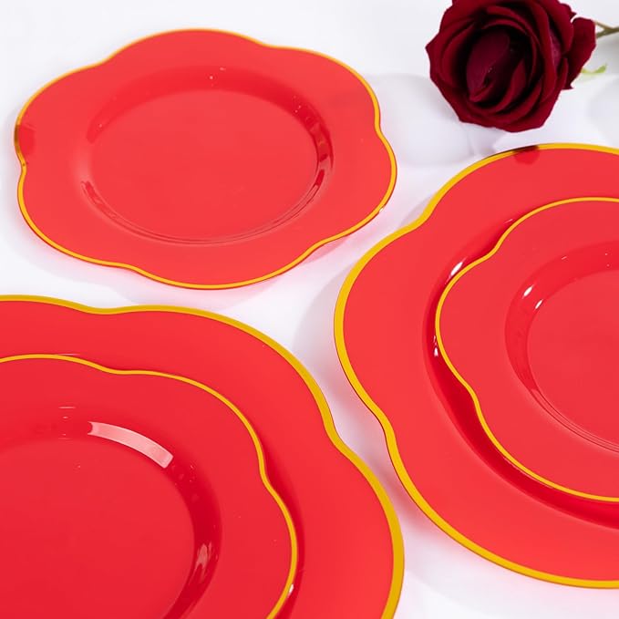 Liacere 50PCS Red Plastic Plates - Heavy Duty Disposable Plate-Red and Gold Include 25PCS Dinner Plate, 25PCS Dessert Plates for Halloween＆Thanksgiving＆Christmas
