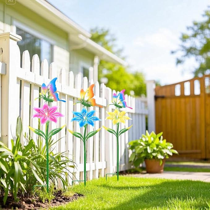 Metal Flowers for Outside, 30.3-22.4" 3-Pack Metal Colorful Butterfly & Flower Decorative Garden Stakes for Spring Garden Decor, Yard Art Decorations for Patio Lawn Ornaments