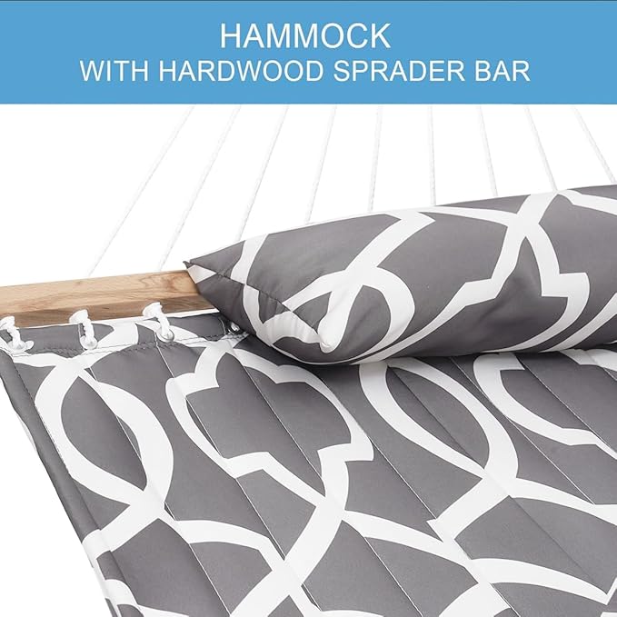 Lazy Daze Hammocks 12FT Quilted Fabric Hammock with Pillow, Double 2 Person Hammock with Spreader Bar for Outdoor Outside Patio Garden Yard, 450lbs Weight Capacity, HMQF-001GF