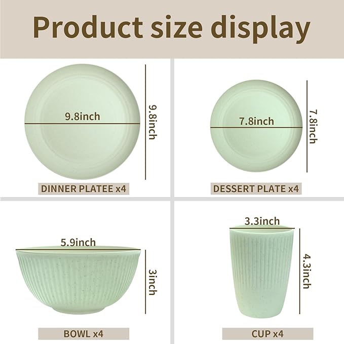 Wheat Straw Dishes Set for 8, Dinnerware Sets 32 piece, Unbreakable Plates, Bowls, Cups Sets for Kitchen Parties Camping RV - Green