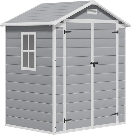 Greesum Outdoor Storage Shed 6X4FT All-Weather Resin Tool Room with Floor for Garden,Backyard,Pool Tool, Light Grey