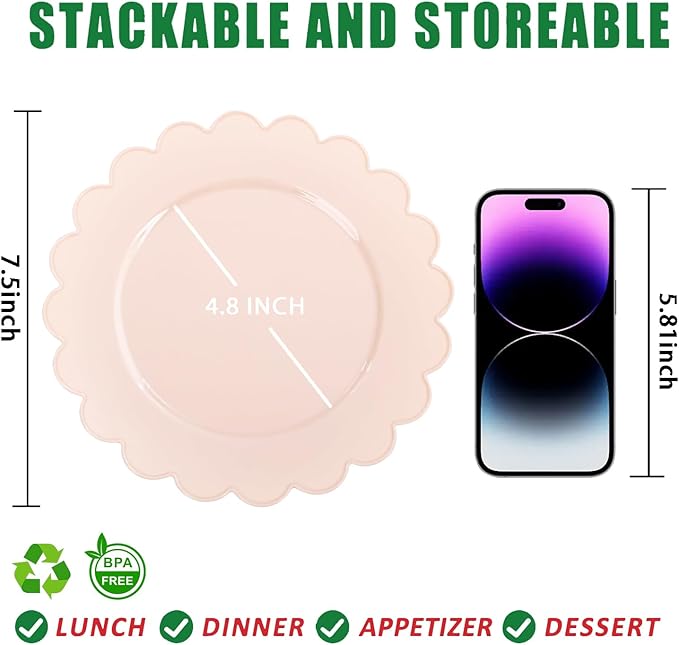 SUT 72-Count Pink Plastic Plates Disposable 7.5 Inch - Scalloped Edge Dessert Plates for Valentine’s Day, Parties, Birthdays, Weddings | Lightweight & Durable Disposable Dinnerware (72 Pack)