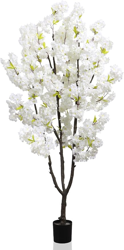 Faux White Cherry Blossom 6ft(72in) Artificial Floor Plant for Indoor Decor Natural Potted Tree with Texture Flowers and Realistic Wood Trunk for Home Living Room,Office Perfect Housewarming Gift