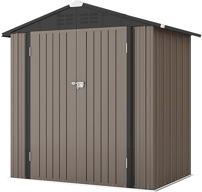 Patiowell 6x4 FT Outdoor Storage Shed, Garden Tool Storage Shed with Sloping Roof and Double Lockable Door, Outdoor Shed for Garden Backyard Patio Lawn, Brown