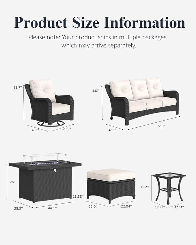 LayinSun 8 Piece Wicker Outdoor Furniture Set with 6-inch Comfy Cushions, High Back Patio Furniture Set with Swivel Rocking Chairs and Fire Pit Table