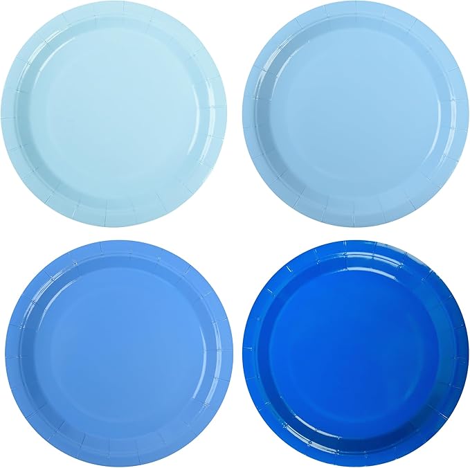 Blue Paper Plates Gradient Blue Party Plates 7”Disposable Round Dessert Plates for Birthday Wedding Bridal Baby Shower Hanukkah Party Supplies 4 Colors (24)