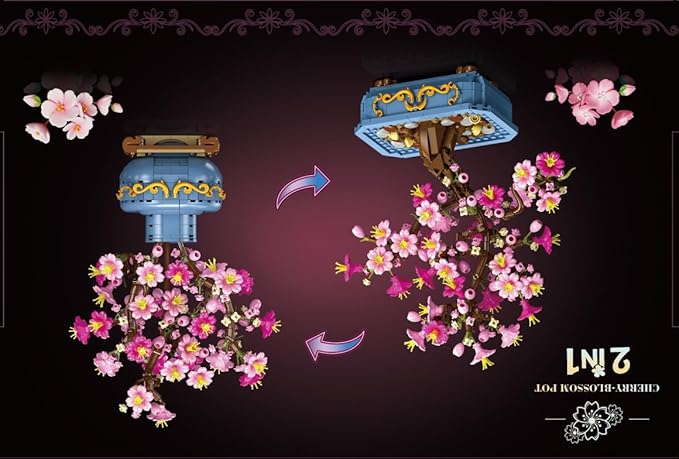 HOGOKIDS Flowers Cherry-Blossom Bonsai Building Set - 2 in 1 Artificial Bonsai Tree Plants for Home Decor & Display Cherry Botanical Flowers Building Toy Birthday Gift for Adults Teens (775PCS)