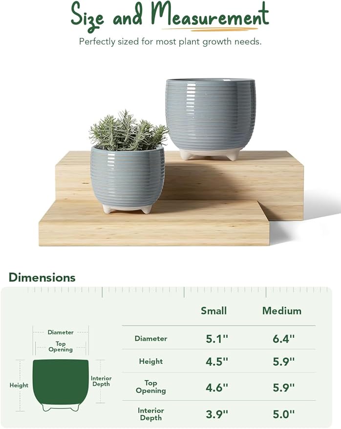 LE TAUCI Ceramic Plant Pots, 5.1 + 6.4 Inch Footed Pots for Plants, Modern Flower Pots for Home and Office, Indoor Planters with Drainage, Reactive Glaze Gray