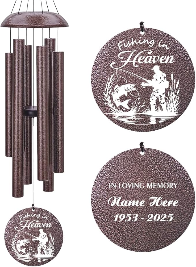 Personalized Wind Chimes, 36inch Sympathy Wind Chime, in Loving Memory for Loss of Loved Grandpa/Dad/Friends Loves Fishing, Metal Large Memorial Condolences Gifts
