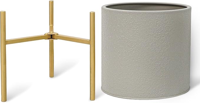 ARNIS Modern Planter Pots, Large Planters with Stand, Set of 2 Metal Planters for Plants with Drainage Holes for Living Room, Office, Garden or Balcony, 8.25 &10.5 Inch, Grey