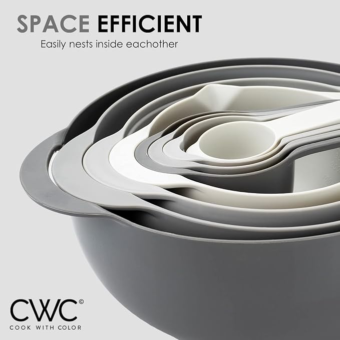 COOK WITH COLOR Nesting Bowls with Measuring Cups Colander and Sifter Set - Includes Mixing Bowls, Colander, Sifter and Measuring Cups, Gray, 8 Pc Bowl