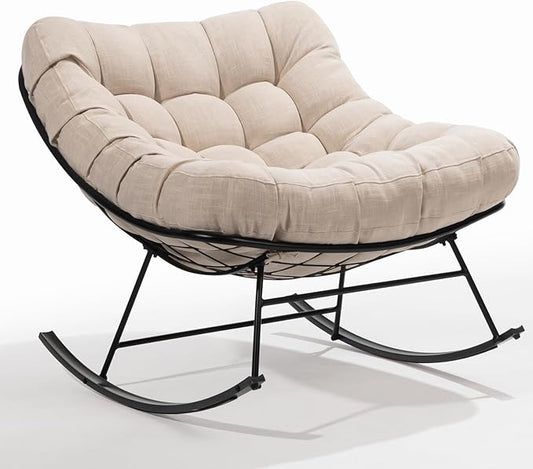 Bme Patio Rocking Chair Outdoor & Indoor, Metal Patio Lounge Rocking Chair with Thick Cushion, Comfy Modern Rocker Chair for Living Room, Porch, Backyard, Beige Cushion - Black Matte Rocker