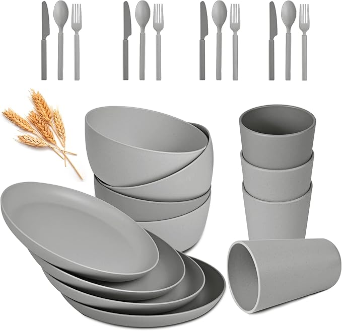 Wheat Straw Dinnerware Sets - 24 pcs Lightweight Bowls Unbreakable Dish Set Dishwasher Microwave Safe Wheat Straw Cups Cutlery Plates and Bowls Set for 4 Suitable for Camping Party Grill（Grey）