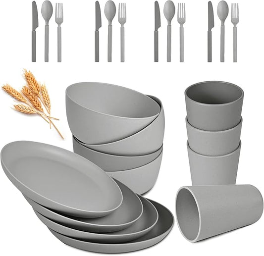 Wheat Straw Dinnerware Sets - 24 pcs Lightweight Bowls Unbreakable Dish Set Dishwasher Microwave Safe Wheat Straw Cups Cutlery Plates and Bowls Set for 4 Suitable for Camping Party Grill（Grey）
