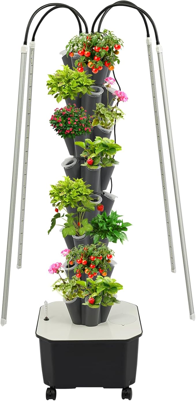Hydroponic Growing System Tower, 80W 40 Plants 5-Layer Hydroponic Tower with LED Light Vertical Hydroponics Garden Tower for Herbs Vegetables Fruits with Pump & Water Level Gauge Grey