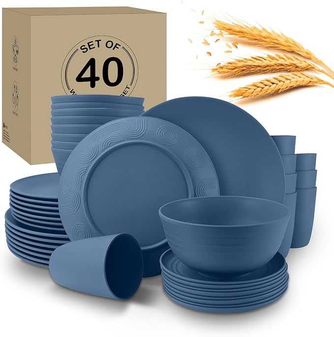 Wrova 40Pack plates and bowls sets for kids - Unbreakable wheat straw dinnerware sets service for 8 - Alternative plastic 40pcs dishes for kitchen, camping and indoors dinning - (Blue)