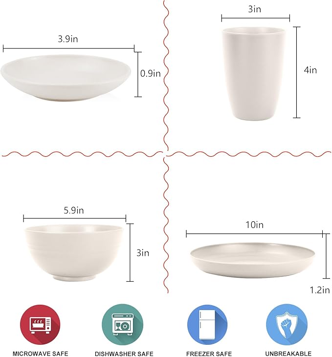 Wrova Wheat straw dinnerware sets - 28 Pieces dish sets service for 4 - Lightweight and Unbreakable Plates and Bowls Sets for Travelling and Camping.White