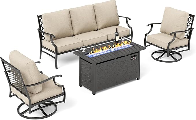 Patio Furniture Set with Firepit Table, 4 Piece Metal Outdoor Patio Furniture, 2 Swivel Chairs and 3 Seater Sofa with 5.75" Extra Thick Cushion and Gas Fire Pit Table for Backyard Deck