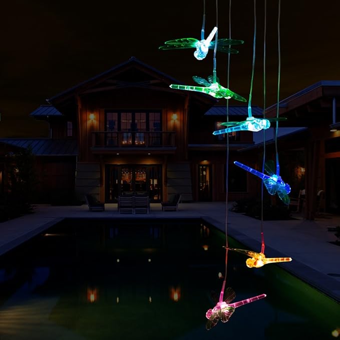 LED Solar Dragonfly Wind Chimes Outdoor - Waterproof Solar Powered LED Changing Light Color Six Dragonflies Mobile Romantic Wind-Bell for Home, Party, Festival Decor, Night Garden Decoration