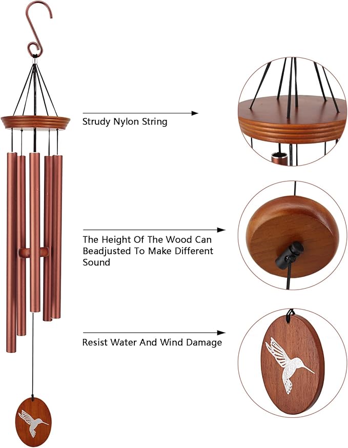 Hummingbird Outdoor Wind Chimes - 33" Tall, Tuned Melody, Memorial Gift for Mom/Grandma, Weather-Resistant, Perfect Decoration for Patio, Garden, Yard & Indoors