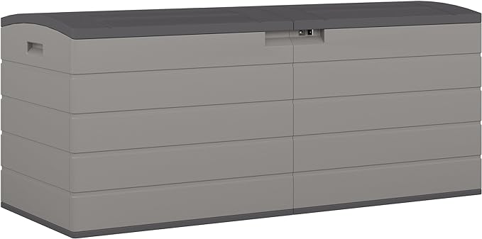 Suncast 120-Gal. All-Weather Patio Deck Box with Pad-Lockable Split Top Lid, Extra-Large Outdoor Storage Unit for Patio Furniture and Grill Tools, Made in the USA