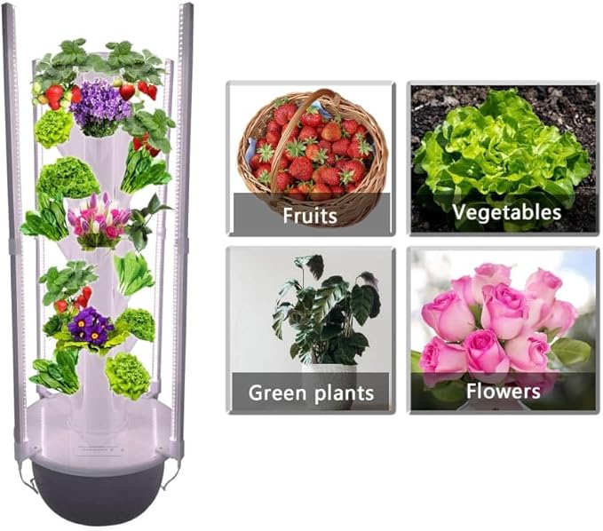 Hydroponics Growing System Kit with LED Grow Lights, Aero Gardening System, Hydroponic Tower, 28 Net Pots, Tomato, Green Salad, Strawberry Tower for Your Indoor Vegetable Garden