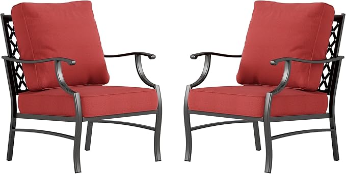 Metal Patio Chair Set of 2 with 5.75" Extra Thick Cushion, 2 Pieces High Back Outdoor Patio Chairs All Weather Outdoor Furniture Seating for Deck Backyard Balcony Front Porch, Rust Red