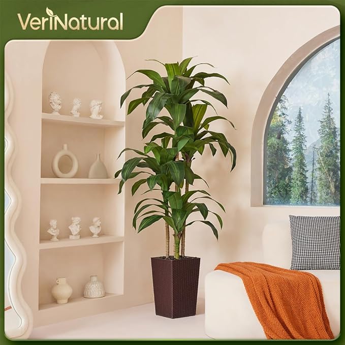 6FT Artificial Dracaena Tree - UV Resistant Faux Tropical Plant, Potted Fake Tree with Taper Planter & Pebbles - Indoor Outdoor Greenery for Home, Porch, Living Room, Bedroom Decor, VN127