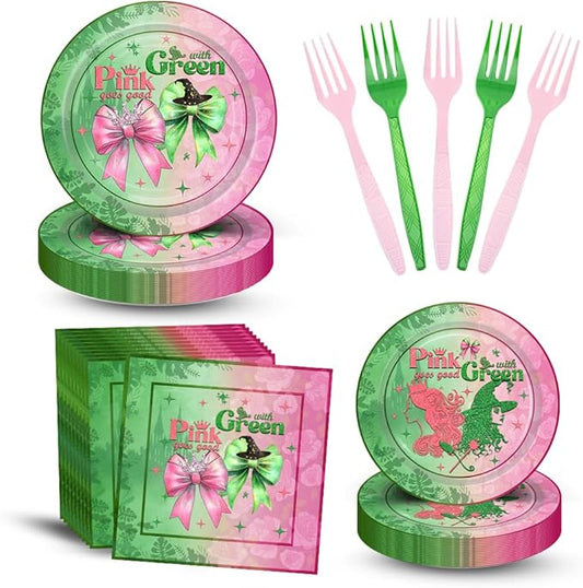 96PCS Pink and Green Party Plates and Napkins Pink Goes Good with Green Birthday Tableware Set Vintgage Castle Witch Party Table Decorations Favors Serves 24 Guests