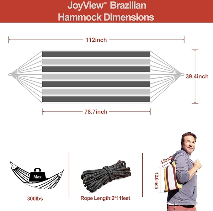 JoyView Brazilian Hammock for Single Person - Portable Cotton Hammock with Hanging Ropes & Carry Bag - 78.8x39.4' - 300LBS Capacity - Perfect for Outdoor/Indoor - Grey Stripe