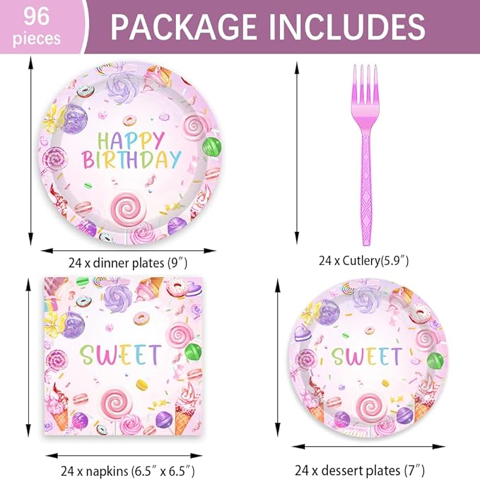 96PCS Sweets Candy Party Plates and Napkins Supplies Girls Donut Birthday Tableware Set Cupcake 1st Birthday Dessert Ice cream Party Table Decorations Favors Serves 24 Guests