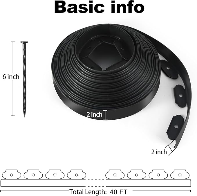 LINSHRY Landscape Edging, 40FT No Dig Garden Edging Border Kit with 48pcs Spikes, 2 Inch Tall Plastic Lawn Edging for Landscaping, Flower Bed, Grass, Yard