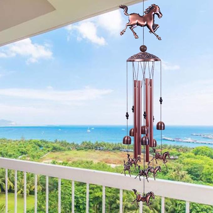 Horse Wind Chimes Decor- 37 Inch Pure Hand-Made Waterproof Metal Musical Wind Bells with 4 Aluminum Tubes 6 Bells Mobile Wind Catcher Romantic Wind Chime for Home, Festival, Indoor/Outdoor Decoration
