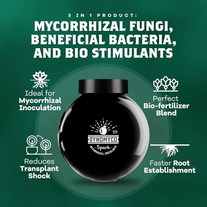 DYNOMYCO Spark WP Mycorrhizal Fungi, 6oz Wettable Powder – 3-In-1 Root Enhancer Amplifies Nutrient Uptake & Yield – Treats 38 Plants, Indoor/Outdoor Bio-Stimulant – Dissolves Fast in Seed Starter Soil
