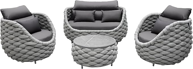 5 Pieces Patio Furniture Set Outdoor Rope Conversation Sectional Patio Sofa with 5 Seater for Backyard, Porch, Modern Armchairs with Thickness Cushions and Side Table