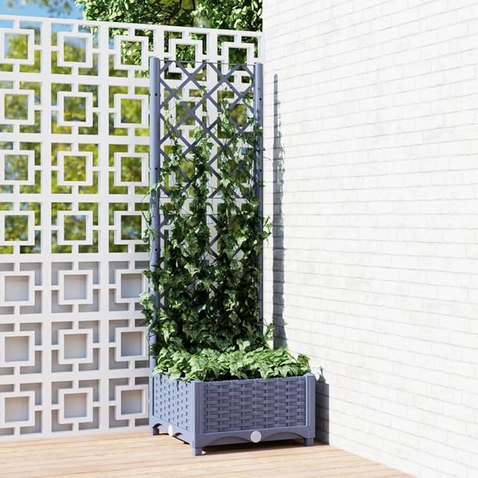 Garden Planter with Trellis, Outdoor Raised Garden Bed for Climbing Plants, Dark Gray 15.7"x15.7"x47.8" PP