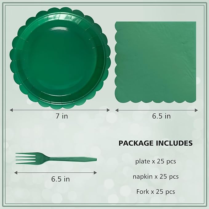 Dark Green Paper Plates and Napkins,7 Inch Dark Green Scalloped Disposable Dessert Plates Paper Napkin Fork Party Supplies for Wedding Baby Shower Birthday(25 Guest)
