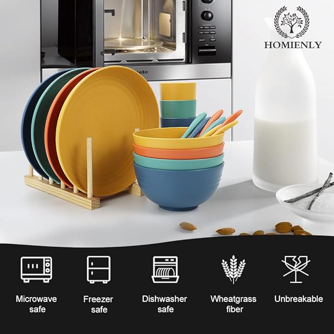 Homienly Wheat Straw Dinnerware Sets, 20pcs Dishes Dinnerware Sets Microwave and Dishwasher Safe, Lightweight Unbreakable Dish Set, Reusable Dinner Plates Kids Plates and Bowls Sets (Multicolor)