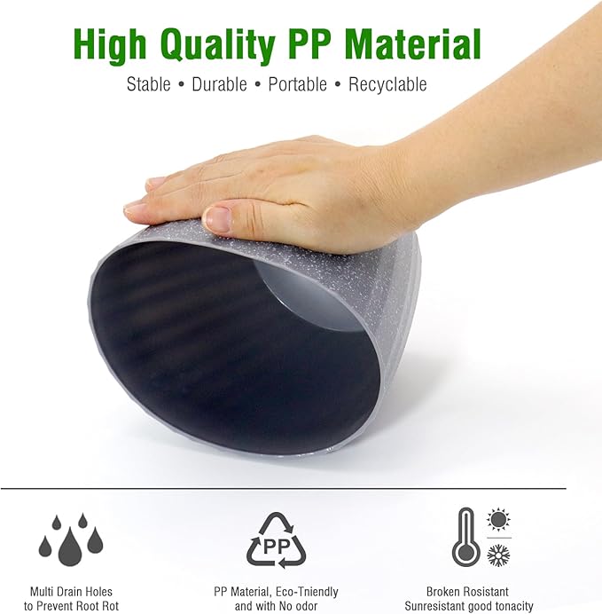 6 Inch Plant Pots Bulk, 6 Pack Plastic Planters with Drainage Holes and Saucers for Indoor Outdoor House Plants and Flowers, Grey Spots