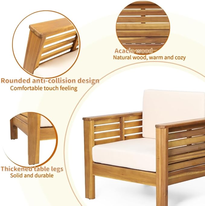 4-Piece Patio Furniture Set: Outdoor Acacia Wood Patio Furniture Set with Loveseat, Sectional Sofa & Coffee Table with Premium Cushions, Durable Conversation Set for Backyard, Garden (4, brown)